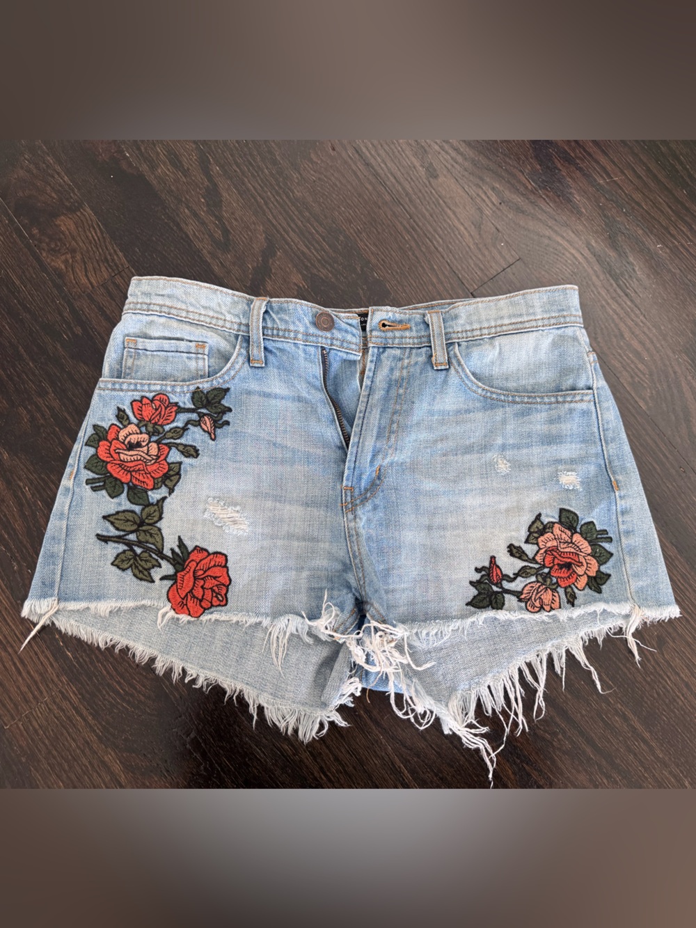 Flying Monkey Light Blue Denim Shorts with Red Floral Embroidery